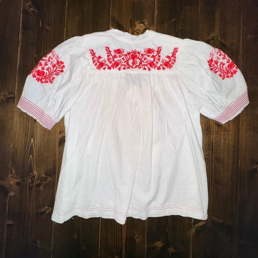 Free People Embroidered Peasant Top XS Dreaming About You Tunic Ivory and Red